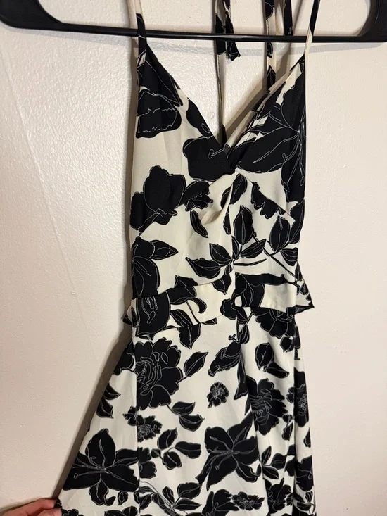 Black and White Floral Halter Maxi Dress with Tie Back - Picture 2 of 4